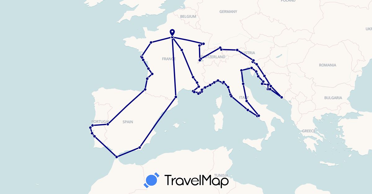 TravelMap itinerary: driving in Austria, Switzerland, Germany, Spain, France, Croatia, Italy, Portugal, Slovenia (Europe)
